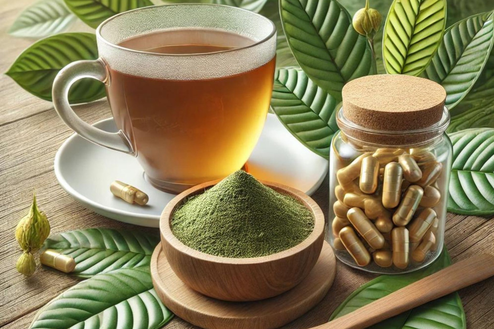 kratom tea, capsules and powder